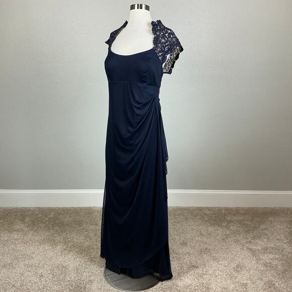 XSCAPE Chiffon Lace Trim Collar Short Sleeve Evening Gown Blue Size 14P Dress - Picture 4 of 12